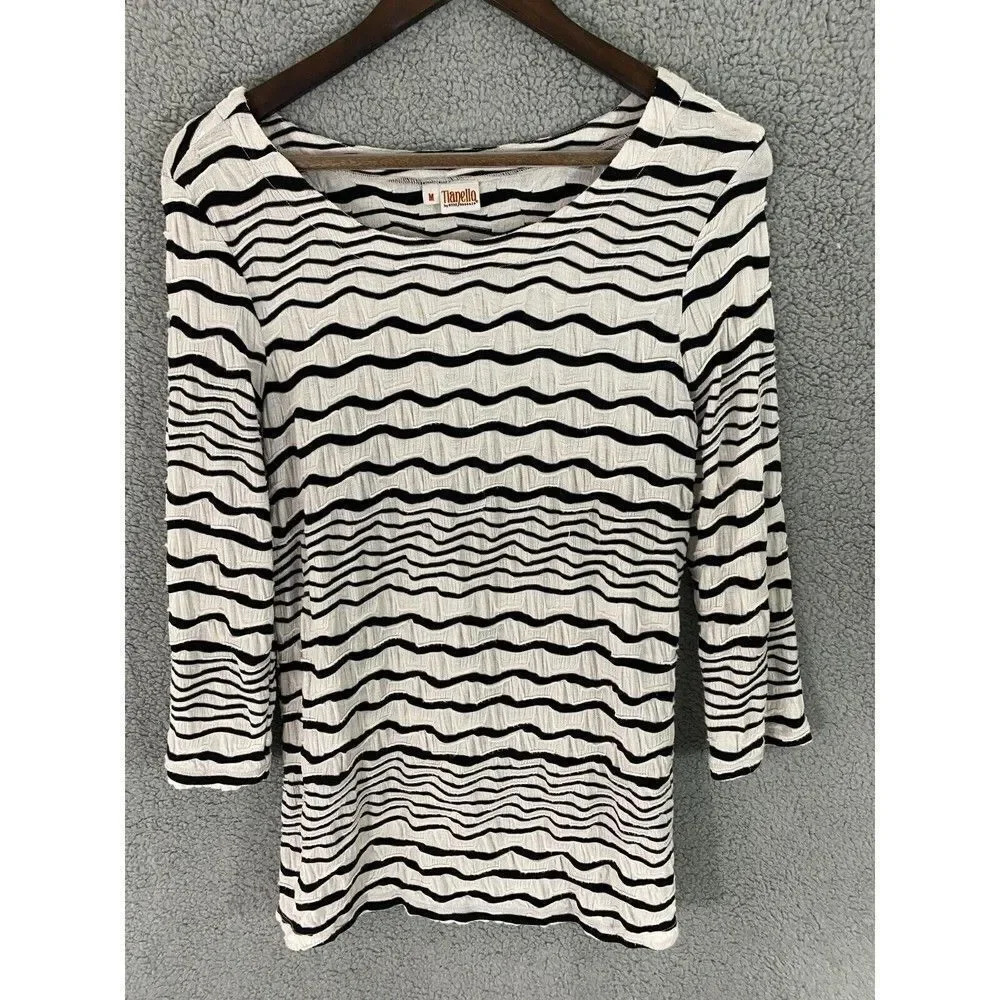 Tianello by steve barraza womens medium blouse black white striped textured knit